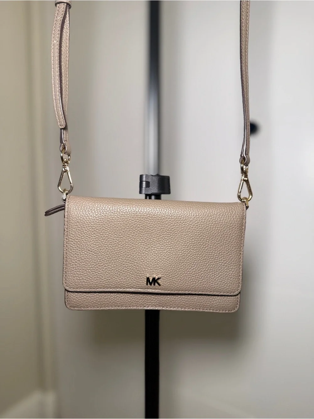 Michael Kors Pebbled Leather Crossbody in Taupe Beige with Gold Hardware